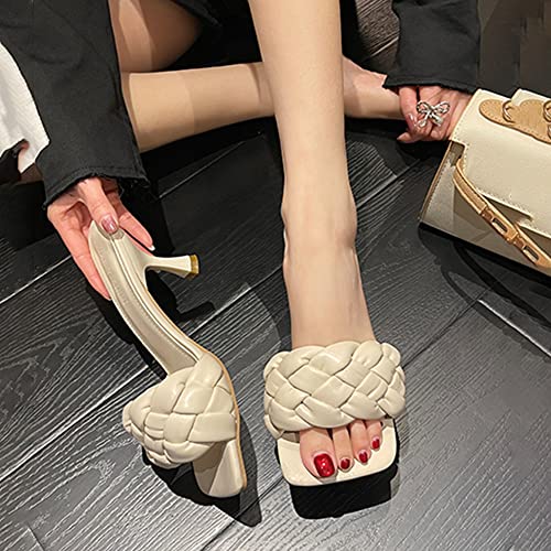 Women’s Square Open Toe Stiletto Heels Braided Sandals Slip On High Heel Quilted Leather Sandals Fashion Sexy Casual Slides shoes(Beige,39)