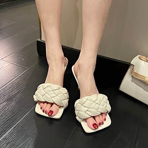 Women’s Square Open Toe Stiletto Heels Braided Sandals Slip On High Heel Quilted Leather Sandals Fashion Sexy Casual Slides shoes(Beige,38)