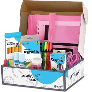 enday back to school supplies for kids, pink school supply box grades k-5, premium quality kids school supplies kit, kindergarten school supplies for girls and boys, 71 piece set