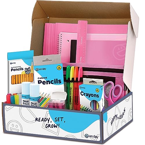 Enday Back to School Supplies for Kids, Pink School Supply Box Grades K-5, Premium Quality Kids School Supplies Kit, Kindergarten School Supplies for Girls and Boys, 71 Piece Set