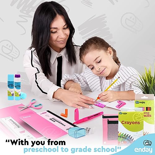 Enday Back to School Supplies for Kids, Pink School Supply Box Grades K-5, Premium Quality Kids School Supplies Kit, Kindergarten School Supplies for Girls and Boys, 71 Piece Set