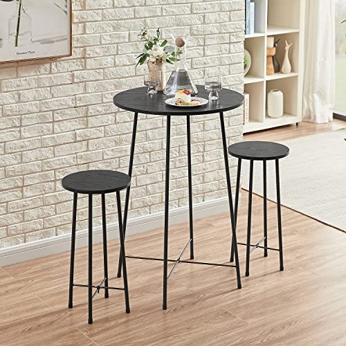 VECELO Small Bar Table and Chairs, Round Bistro Sets with 2 barstools, 3-Piece Pub Dining Furniture, Counter Height Wood Top for Breakfast Dinner Coffee Nap Conference, Easy Assembly, Black