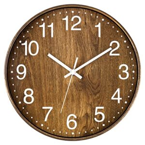 lumuasky wood wall clock, 12 inch silent non-ticking battery operated round clock for living room bedroom kitchen home office