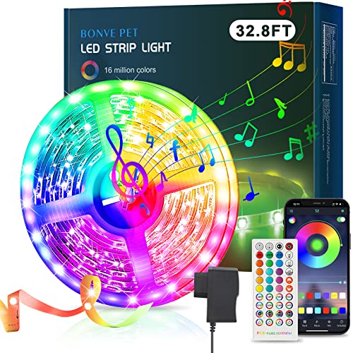 Bonve Pet 32.8ft Led Strip Lights 5050 RGB LED Smart Music Sync Color Changing LED Lights Strips with Remote Led Lights for Bedroom,Home, Room, TV, Christmas Party