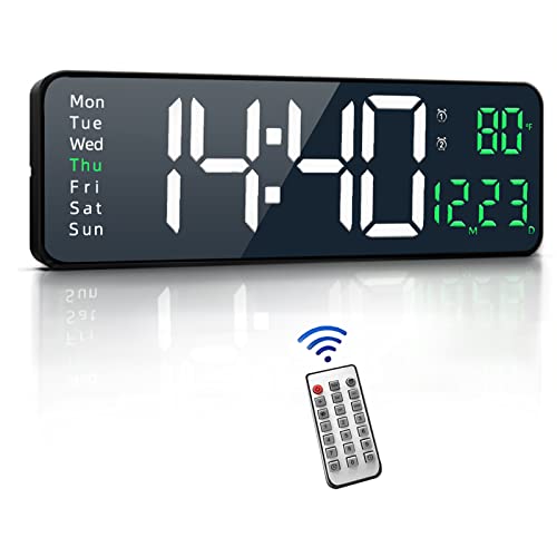 SHLNL Digital Wall Clock,16.2 Inch Large Digital Wall Clock, Large Display with Remote Control,Automatic Brightness Digital Alarm Clock with Indoor Temperature,Date,Week(Green)…