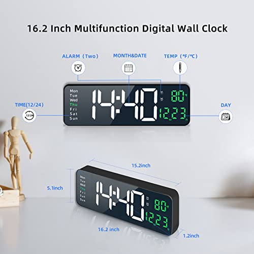 SHLNL Digital Wall Clock,16.2 Inch Large Digital Wall Clock, Large Display with Remote Control,Automatic Brightness Digital Alarm Clock with Indoor Temperature,Date,Week(Green)…