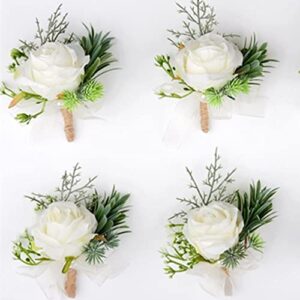 oukeyi 4pcs rose flower wrist corsage boutonniere set, handmade artificial corsage set, bride hand flower wristlet band bracelet and men boutonniere for wedding party prom decorations (corsage)