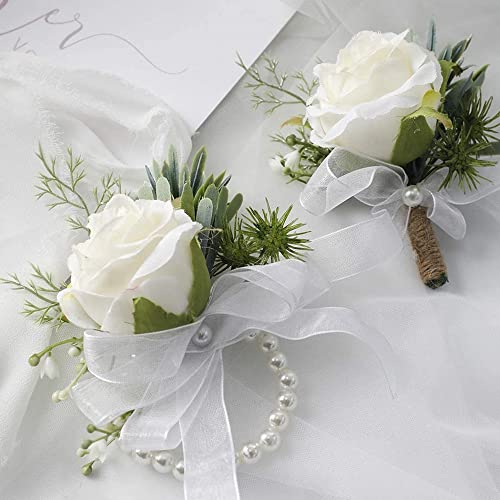 OUKEYI 4PCS Rose Flower Wrist Corsage Boutonniere Set, Handmade Artificial Corsage Set, Bride Hand Flower Wristlet Band Bracelet and Men Boutonniere for Wedding Party Prom Decorations (Corsage)