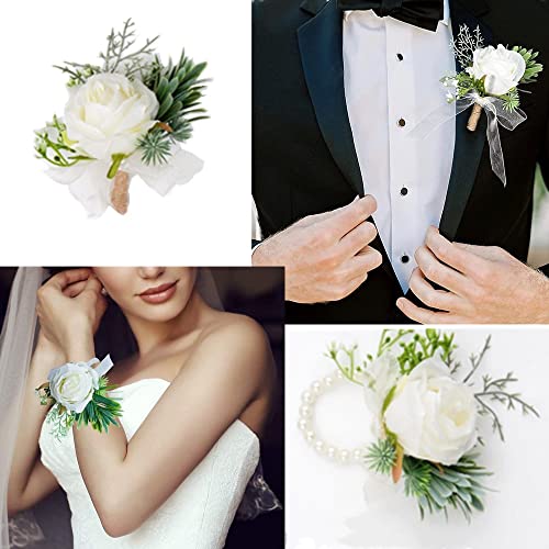 OUKEYI 4PCS Rose Flower Wrist Corsage Boutonniere Set, Handmade Artificial Corsage Set, Bride Hand Flower Wristlet Band Bracelet and Men Boutonniere for Wedding Party Prom Decorations (Corsage)