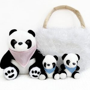 perfectto design panda stuffed animal bear plush toy for girls 5 pcs set - mommy, 2 babies, bag, blanket stuffies 3 4 5 year old girl, little girls birthday, christmas age 3-9