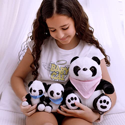 Perfectto Design Panda Stuffed Animal Bear Plush Toy for Girls 5 PCS Set - Mommy, 2 Babies, Bag, Blanket stuffies 3 4 5 Year Old Girl, Little Girls Birthday, Christmas Age 3-9