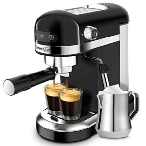 geek chef espresso machine 20 bar pump pressure cappuccino latte maker coffee machine with ese pod filter&milk frother steam wand&pressure gauge, 1.5l water tank, stainless steel