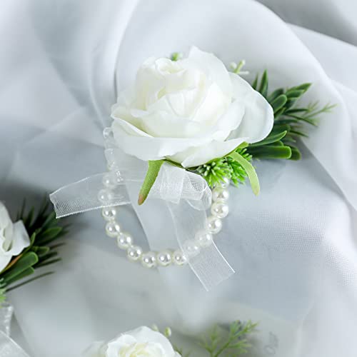 Senseya Wrist Corsage Wristlet Band Bracelet for Girls Women Bride Bridesmaid, Corsages Wristlet Artificial Silk Roseboutonniere Hand Flower Prom Decor (1 Boutonniere & 1 Wrist Corsage White)