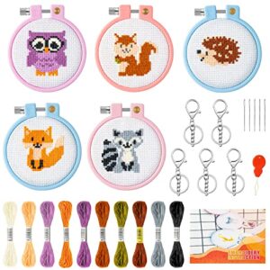 watinc 5pcs embroidery kit for kids stamped cross stitch diy key chain with woodland animal patterns needlepoint starter kits craft supplies for beginners adults schoolbag