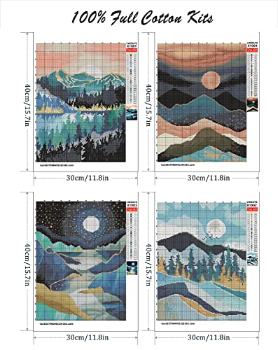 LWZAYS Cross Stitch Kits - Moon Counted Cross Stitch Kits 4 Pack Stamped Cross-Stitch Mountains Needlepoint Counted Kits Beginners,Embroidery Kit Arts and Crafts for Home Decor