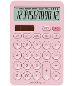 unione pink calculator with a bright lcd, dual power handheld desktop. color. business, office, high school (4×6.6in)
