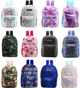 12-pack 17” sport backpacks with 50 piece school supplies kits – bulk bundle essential for elementary, middle, and high school students, 12 assorted styles
