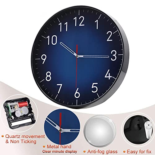 Wall Clock Blue 12 Inch,Modern Round Silent Non-Ticking Nattery Operated and Apply to Bedroom Living Room Study Room and Offiec Decor