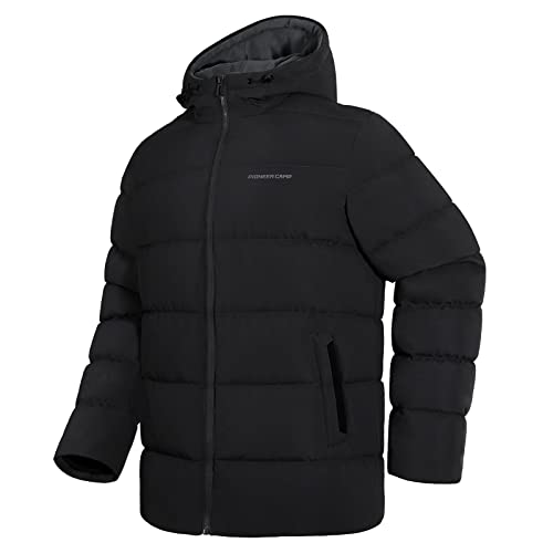 Pioneer Camp Men'S Winter Coats Warm Thicken Jacket Hooded Insulated Puffer Jackets Cotton Water Resistant Coat(Black,L)