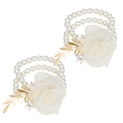 CIEHER 2 Pieces Pearl Wrist Corsage Elastic Bands Wristlets Flower Corsage Wristlet Stretch Pearl Wedding Wristband Faux Pearl Bead Corsage Accessories Bracelets for Wedding Party Prom Bride Bridesmaid Handmade Flower Rhinestones Wrist Corsage