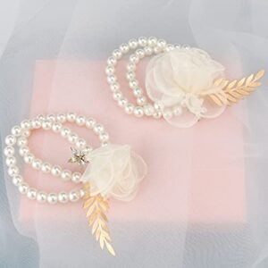 CIEHER 2 Pieces Pearl Wrist Corsage Elastic Bands Wristlets Flower Corsage Wristlet Stretch Pearl Wedding Wristband Faux Pearl Bead Corsage Accessories Bracelets for Wedding Party Prom Bride Bridesmaid Handmade Flower Rhinestones Wrist Corsage