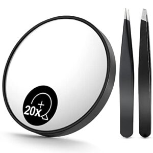 omiro 20x magnifying mirror and eyebrow tweezers kit, 3.5" three suction cups magnifier travel set