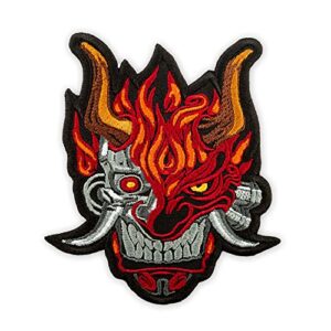 cyberpunk oni demon patch, small embroidered game emblem for cosplay costume, iron on 3.3 x 3.7 inches