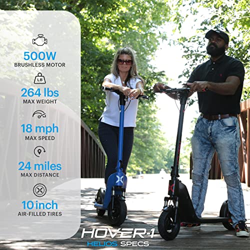 Hover-1 Helios Folding Electric Scooter, 18 MPH Top Speed, 24 Mile Range, 500 Watts Max Power, 10” Pneumatic Tires, Rear Disc Brakes, Removable Battery, and Dual Front Suspension