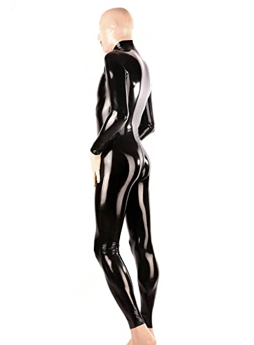 Sexy Black Latex Catsuit with Front Zip and Crotch Zip Rubber Jumpsuit Handmade Imitation Uniform Bodysuit W/o Hood,Black,Women-S