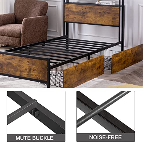 GAZHOME Twin XL Bed Frame with 2 XL Storage Drawers, Platform Bed Frame with 2-Tier Headboard, Strong Metal Slat Support/No Box Spring Needed/Easy Assembly/Space Saving