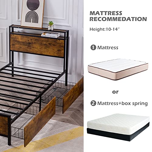 GAZHOME Twin XL Bed Frame with 2 XL Storage Drawers, Platform Bed Frame with 2-Tier Headboard, Strong Metal Slat Support/No Box Spring Needed/Easy Assembly/Space Saving