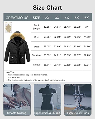 CREATMO US Men's Big and Tall Winter Hooded Coat Waterproof Warm Long Puffer Jacket Parka winter jackets Fleece Lined Black 6X