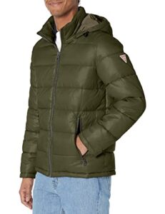 guess men's mid-weight puffer jacket with removable hood, army green, large