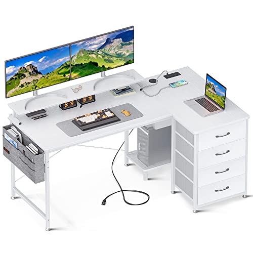 KKL 55 inch L Shaped Computer Desk with USB Charging Port & Power Outlet, L-Shaped Corner Desk with 4 Tier Drawer & Monitor Shelf for Home Office Workstation, Modern Style Writing Table, White