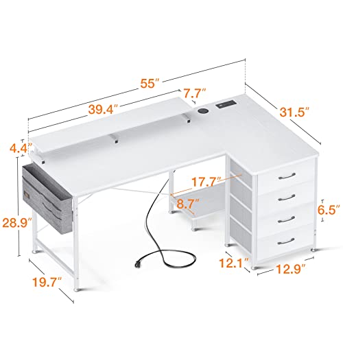 KKL 55 inch L Shaped Computer Desk with USB Charging Port & Power Outlet, L-Shaped Corner Desk with 4 Tier Drawer & Monitor Shelf for Home Office Workstation, Modern Style Writing Table, White