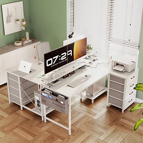 KKL 55 inch L Shaped Computer Desk with USB Charging Port & Power Outlet, L-Shaped Corner Desk with 4 Tier Drawer & Monitor Shelf for Home Office Workstation, Modern Style Writing Table, White