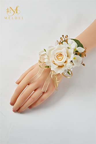 Meldel Champagne Prom Flower Wrist Corsage for Wedding, Set of 6, Rose Wrist Flower for Mother of Bride and Groom , Bride Bridesmaid Girl Women Party, Homecoming Ceremony Anniversary