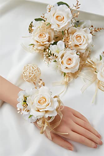 Meldel Champagne Prom Flower Wrist Corsage for Wedding, Set of 6, Rose Wrist Flower for Mother of Bride and Groom , Bride Bridesmaid Girl Women Party, Homecoming Ceremony Anniversary