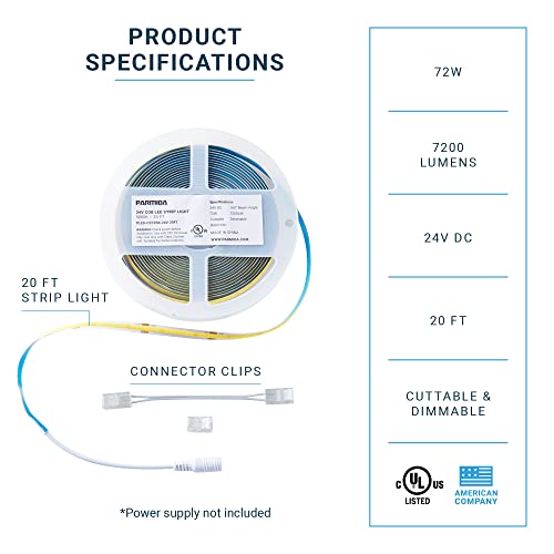 PARMIDA 24V Dimmable COB LED Strip Light, 20FT, UL-Listed, 2700K (Warm White), 12W/M, Flexible & Cuttable Lighting for Bedroom, Kitchen, DIY Home Decoration (RF Remote & Power Supply Not Included)