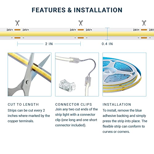 PARMIDA 24V Dimmable COB LED Strip Light, 20FT, UL-Listed, 2700K (Warm White), 12W/M, Flexible & Cuttable Lighting for Bedroom, Kitchen, DIY Home Decoration (RF Remote & Power Supply Not Included)