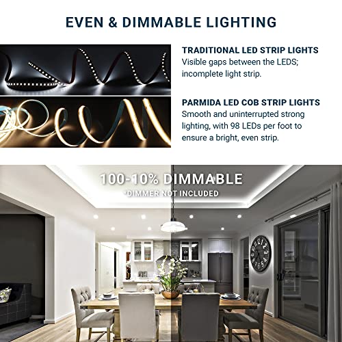 PARMIDA 24V Dimmable COB LED Strip Light, 20FT, UL-Listed, 2700K (Warm White), 12W/M, Flexible & Cuttable Lighting for Bedroom, Kitchen, DIY Home Decoration (RF Remote & Power Supply Not Included)