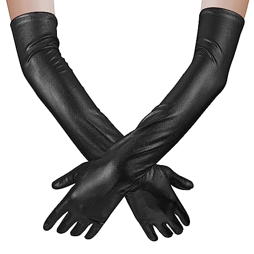 Women Sexy Wet Look Long Gloves for Costume Cosplay, Long Patent Leather Gloves Elbow Length Long Gloves for Wedding Evening (Black)