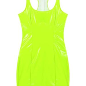 YONGHS Women's Latex Faux Leather Bodycon Mini Dress Sleeveless Low Cut Sexy Party Club Dresses Fluorescent Green X-Large