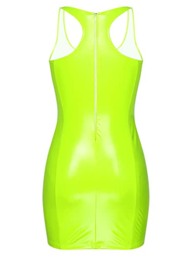 YONGHS Women's Latex Faux Leather Bodycon Mini Dress Sleeveless Low Cut Sexy Party Club Dresses Fluorescent Green X-Large