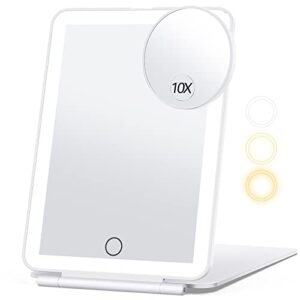 rechargeable travel makeup mirror with 10x magnifying mirror, vanity mirror with 80leds, 3 color lighting, high capacity 2000mah batteries, portable ultra slim lighted makeup mirror, travel essential