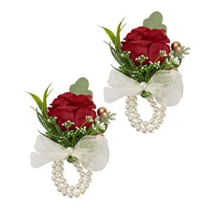 myqns rose wrist corsage women bride bridesmaid hand flower wristlet band bracelet for white wedding party proom artificial flower accessories decorations