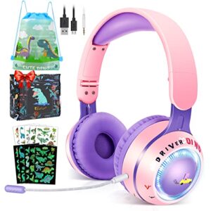 qearfun kids toddlers bluetooth headphones, foldable 9 colorful led lights wireless dinosaur headphones with mic & 3.5mm jack, boys girls on-ear gaming headset gifts for ps4/xbox one/switch/pc/tablet