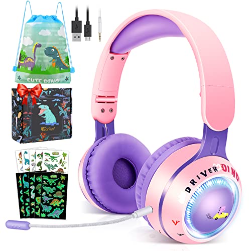 QearFun Kids Toddlers Bluetooth Headphones, Foldable 9 Colorful Led Lights Wireless Dinosaur Headphones with Mic & 3.5mm Jack, Boys Girls On-Ear Gaming Headset Gifts for PS4/Xbox One/Switch/PC/Tablet