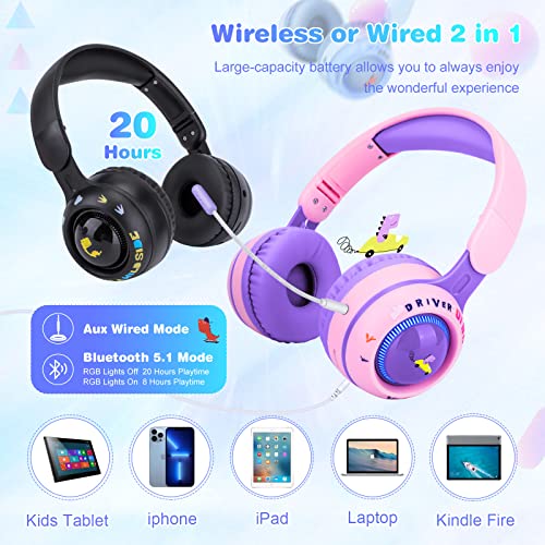 QearFun Kids Toddlers Bluetooth Headphones, Foldable 9 Colorful Led Lights Wireless Dinosaur Headphones with Mic & 3.5mm Jack, Boys Girls On-Ear Gaming Headset Gifts for PS4/Xbox One/Switch/PC/Tablet