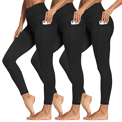 3 Packs Leggings with Pockets for Women, Soft High Waisted Tummy Control Workout Yoga Pants (Reg & Plus Size)